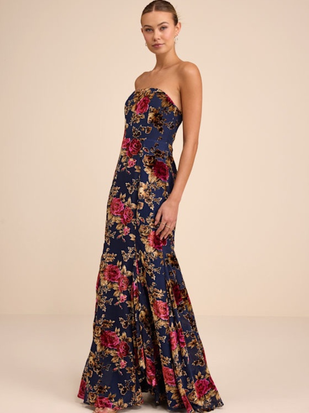 Lulus navy floral velvet burnout full length dress for wedding guest or prom NWT